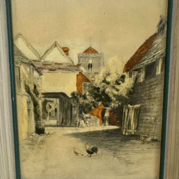 watercolor art village with orange roof and chickens hand painted frame 9.5 x 7. - Picture 2 of 5